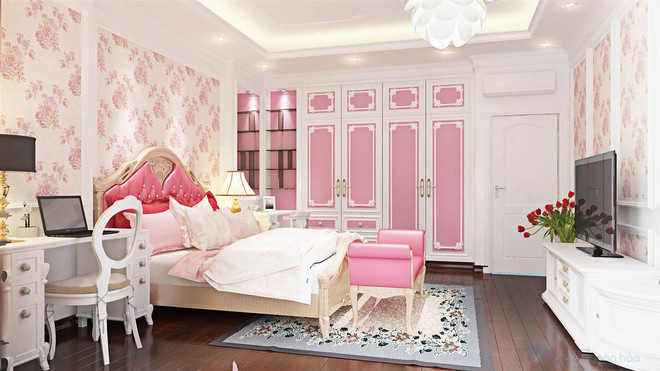  Phòng ngủ con gái với tông màu hồng đáng yêu, bản hòa ca đa sắc hồng này khiến không gian thêm ngọt ngào và đầy nữ tính.