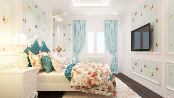  Phòng ngủ của con gái với màu xanh và hoa văn nhã nhặn, tạo nét cá tính hơn. Không gian này thích hợp cho bé gái tuổi teen.
