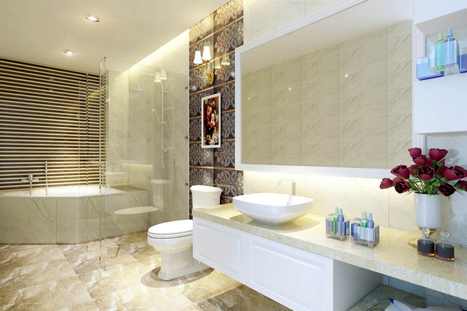  Phòng tắm nhỏ sang trọng với bố trí bồn tắm và bàn rửa mặt lát đá.